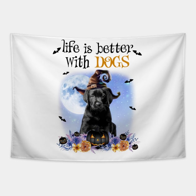 Black Labrador Witch Hat Life Is Better With Dogs Halloween Tapestry by nakaahikithuy
