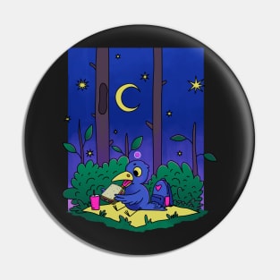 Little raven eats a sandwich at night in the forest Pin