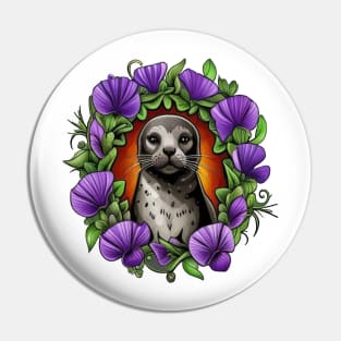 A Harbor Seal Surrounded By A Wreath Of Violet Viola Tattoo Art Pin