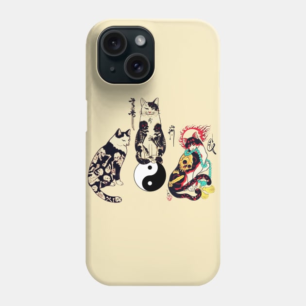 THREE JAPANESE CATS IN SKULL,SKELETON TATTOOS AND YIN YANG SYMBOL Phone Case by BulganLumini