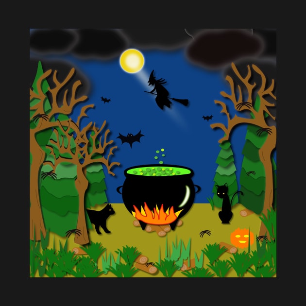 Scary, spooky, creepy, halloween with cauldron, spiders, bats, cats and a black witch on a broom stick by designInk