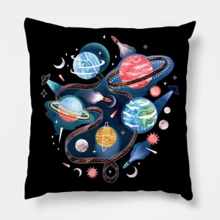 Highway to Intergalactic Adventure - Blue, Pink & Yellow Pillow