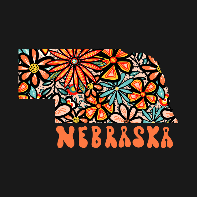 Nebraska State Design | Artist Designed Illustration Featuring Nebraska State Outline Filled With Retro Flowers with Retro Hand-Lettering by MarcyBrennanArt