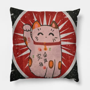 Lucky/Maneki Cat in Vintage Style (Black) Pillow