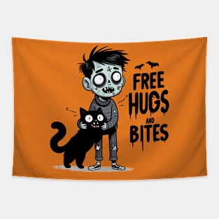 Free Hugs and bites - Cat and zombie kid Tapestry