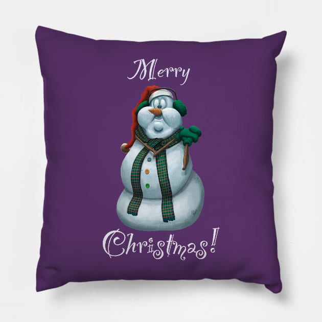 Joyful Merry Christmas Holiday Snowman Pillow by abbottcartoons