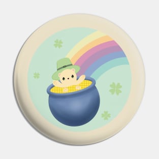 St Patrick’s Day, cute saint patricks day illustration with cute bear in pot of gold and leprechaun hat and rainbow Pin