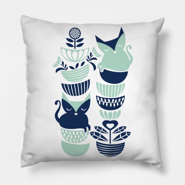 Swedish folk cats // navy blue and mint kittens Pillow by SelmaCardoso