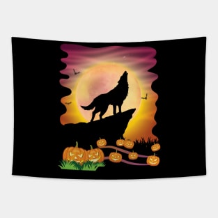 Wolf Dog On Mountain With Moon Pumpkins Bat Halloween Day Tapestry