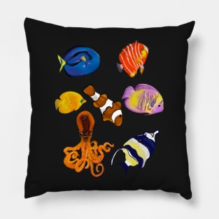 Best fishing gifts for fish lovers 2022. Octopus squid and friends  tropical Coral reef fish rainbow coloured / colored   fish and octopus swimming under the sea Pillow