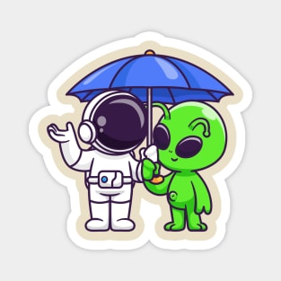 Cute Astronaut And Alien Standing Under Umbrella Cartoon Magnet