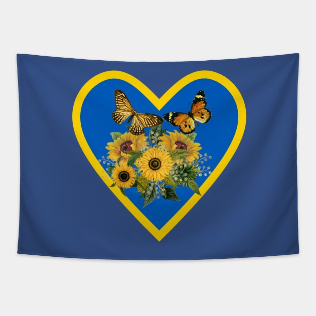 Golden Sunflowers and Butterflies in Sapphire Blue and Yellow Heart Tapestry by SeaChangeDesign