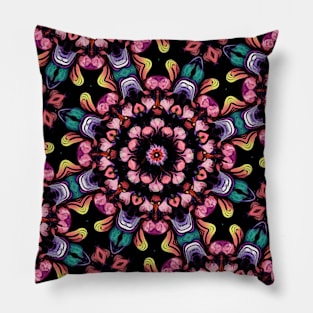 Pink Floral Fractal on Black Pillow