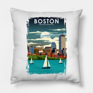 Boston at Night City Skyline Travel Poster Pillow