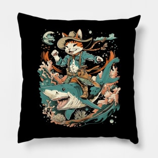 Cat Riding Shark Underwater Odyssey Pillow