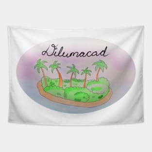 Dilumacad watercolor Island travel, beach, sea and palm trees. Holidays and vacation, summer and relaxation Tapestry