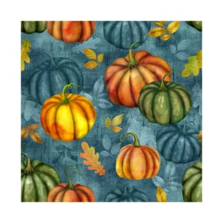 Pumpkins and different fall leaves seamless watercolor pattern. Autumn colorful composition. Thanksgiving textural background T-Shirt