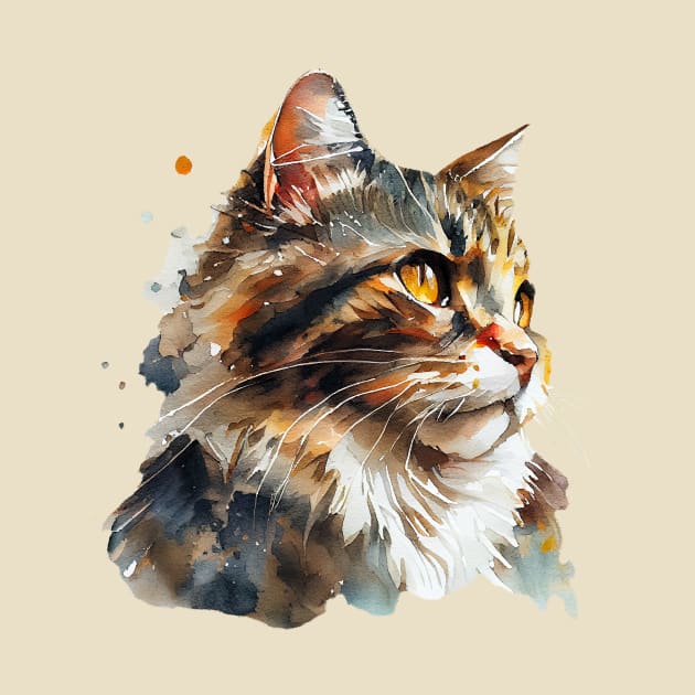 Watercolor Portrait of Fluffy Red Cat by KOTOdesign