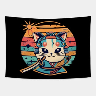 Kawaii Cat Samurai Colorful Retro Design Tapestry