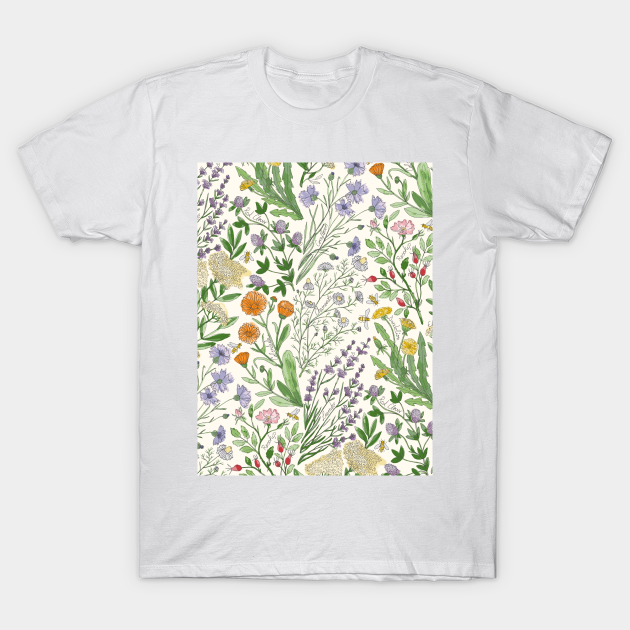 Wildflowers Lavender, chamomile, Calendula, Red Clover, cornflower, Dandelion, elderflower, Rosehip, bee - Wildflowers - T-Shirt