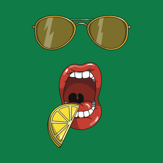 Mouth about to eat a slice of a yellow lemon and matching yellow sun glasses by Fruit Tee