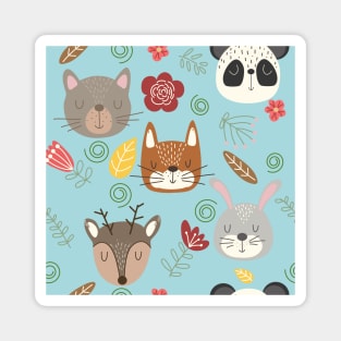 Woodland animals kids pattern blue background Magnet