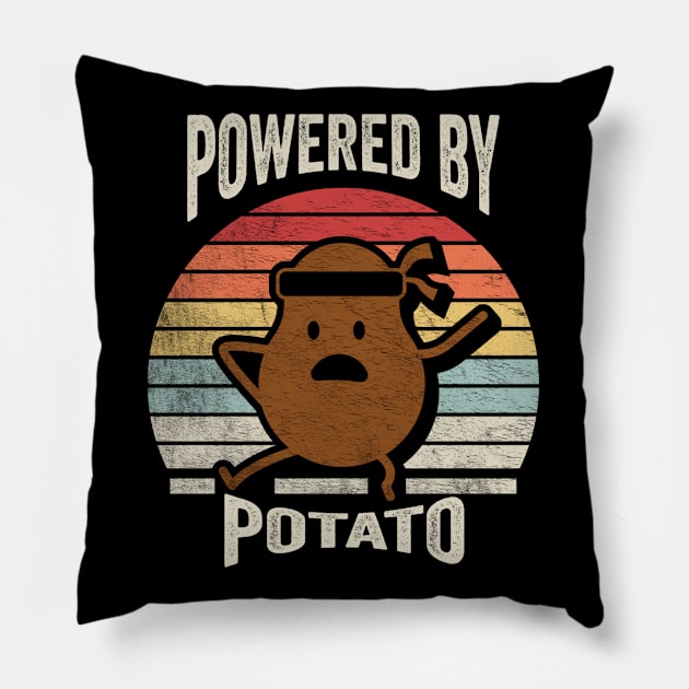 Retro Vintage Powered By Potato Funny Potato Veggie Vegan Lover Gift Pillow by SomeRays