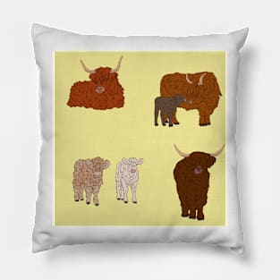 Highland Cows Pattern Yellow Pillow