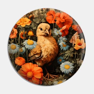 Retro Vintage Art Style Baby Chick in Field of Wild Flowers - Whimsical Farm Pin