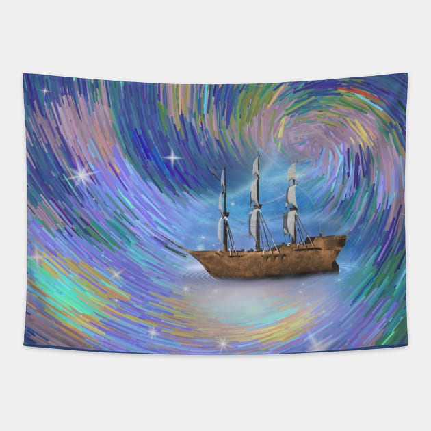 Sailing ship in fantastic scene Tapestry by rolffimages