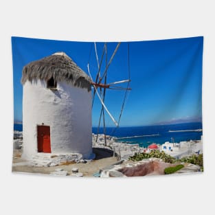 Great view at the port and Chora from a windmill of Mykonos, Greece Tapestry