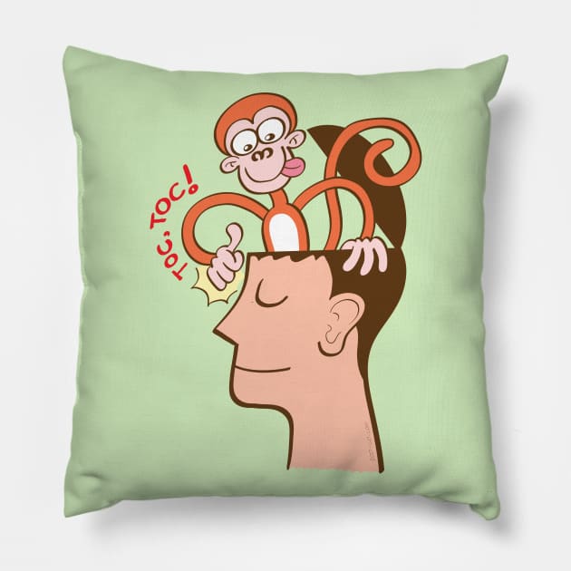 Let's meditate. Mad monkey knocking on the forehead of a man in meditation Pillow by zooco