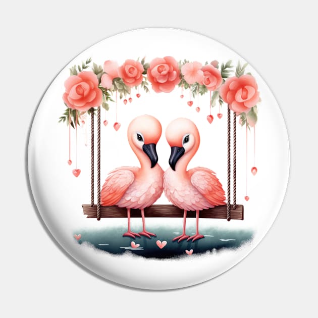 Valentine Flamingo Couple On Swing Pin by Chromatic Fusion Studio