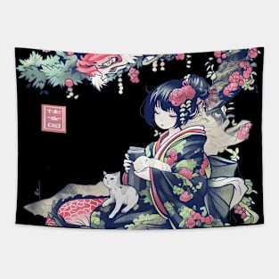 Japanese Girl With Dragon and Cats T-Shirt 06 Tapestry