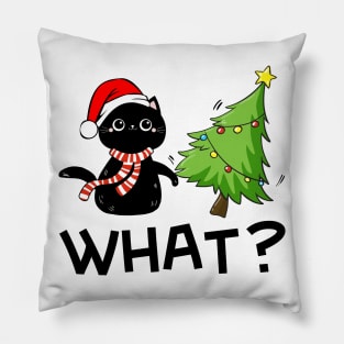 Funny Black Cat Wearing Santa Hat Pushing Christmas Tree Over Cat What? Pillow