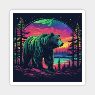 Brown Bear with Forest and Borealis, Colorful, Beautiful Magnet