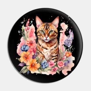 A bengal cat decorated with beautiful watercolor flowers Pin