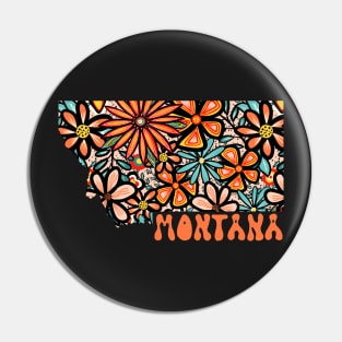 Montana State Design | Artist Designed Illustration Featuring Montana State Outline Filled With Retro Flowers with Retro Hand-Lettering Pin