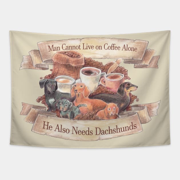 Man, Coffee, and Dachshunds Tapestry by LyddieDoodles