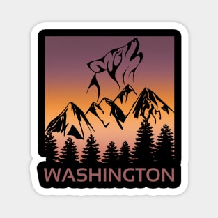 Washington Sunset Wolf Howling at The Moon Trees and Mountains T-Shirt Magnet