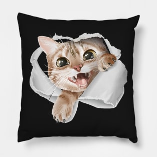 Cute Cat Through Ripped Paper T-shirt Pillow