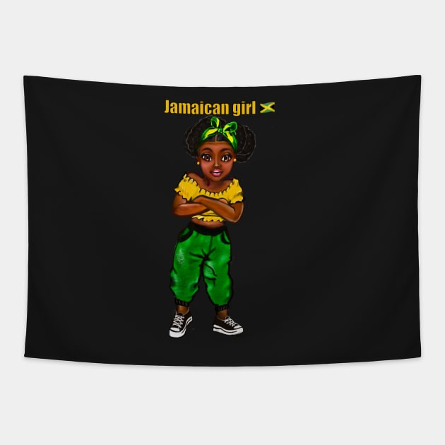 Jamaican girl with crossed arms and colours of Jamaican flag in black green and gold inside a heart shape Tapestry by Artonmytee