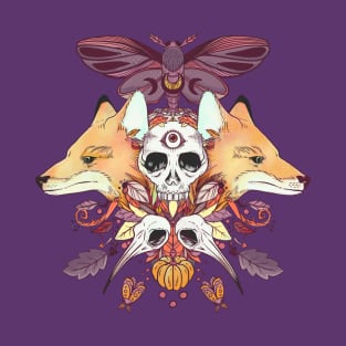 Foxes Hummingbird Skulls Autumn Artwork T-Shirt