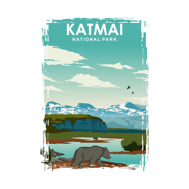 Katmai National Park vintage retro travel poster art by jornvanhezik