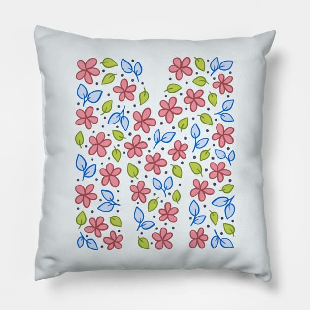 Floral Monogram Letter M - pink and blue Pillow by SRSigs