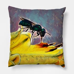 Metallic green bee and aloe vera flower Pillow