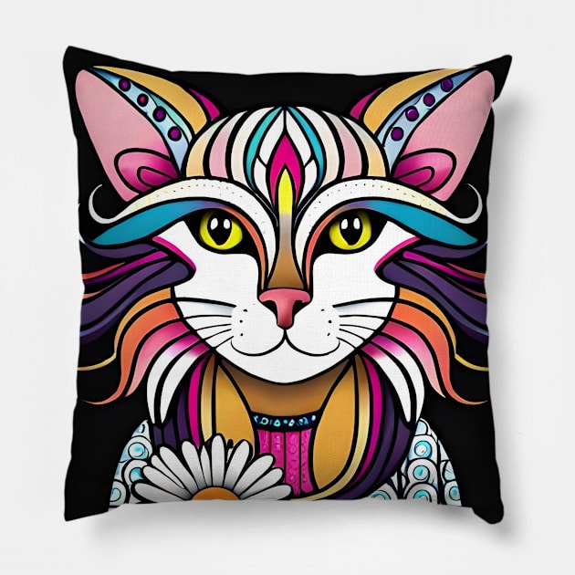 Colorful feline cat Pillow by Flower Tee