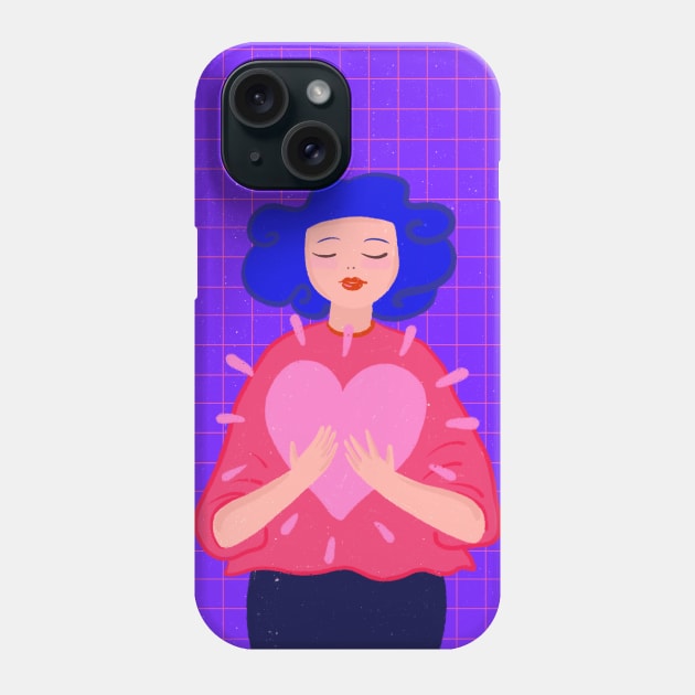 Blue hair girl with big pink heart Phone Case by iulistration