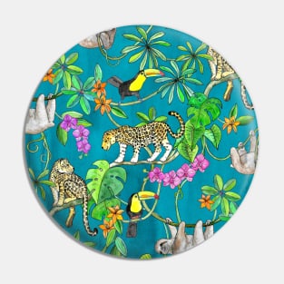 Rainforest Friends - watercolor animals on textured teal Pin