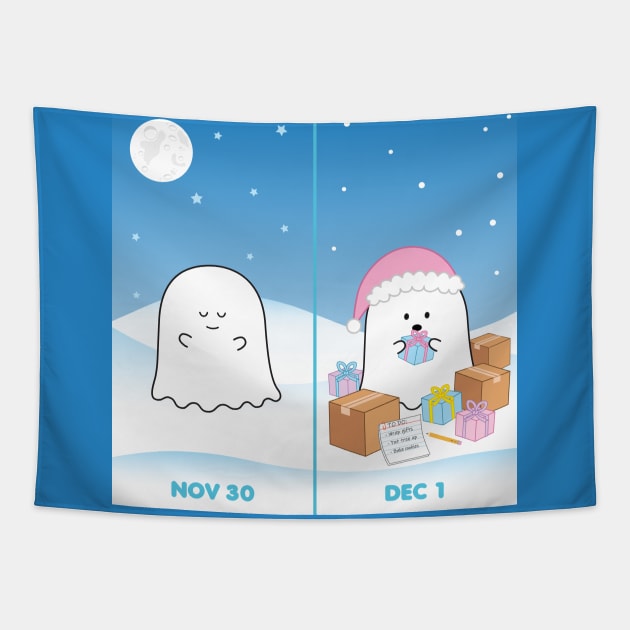 Gordie the Ghost (Nov 30 vs Dec 1) | by queenie's cards Tapestry by queenie's cards